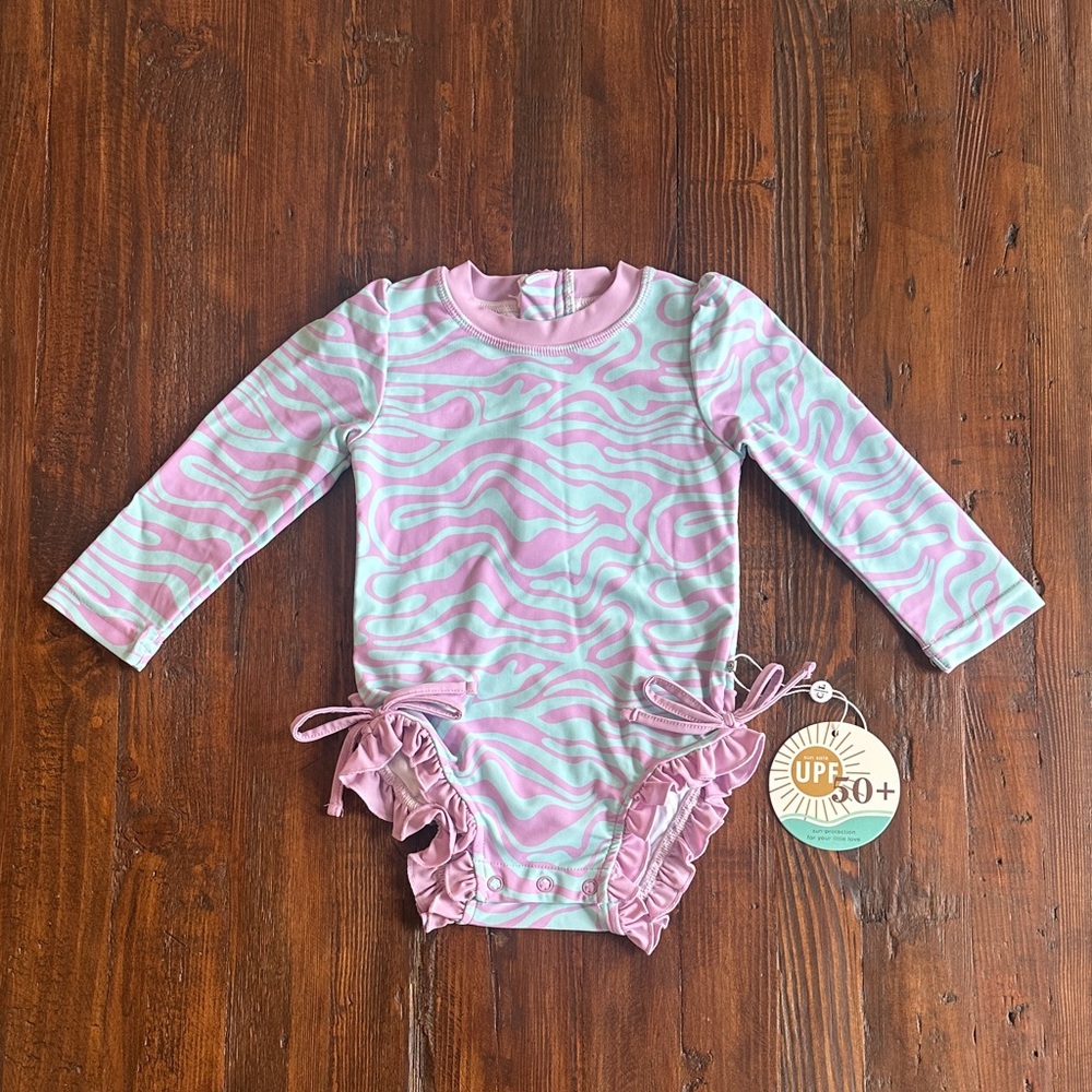Caden Lane Purple & Light Blue Ruffle Long-Sleeve One-Piece Swimsuit 12-18 M